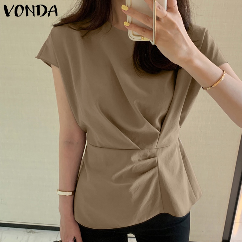 Vonda Women Korean Summer Crew Neck Sleeveless Solid Color Casual