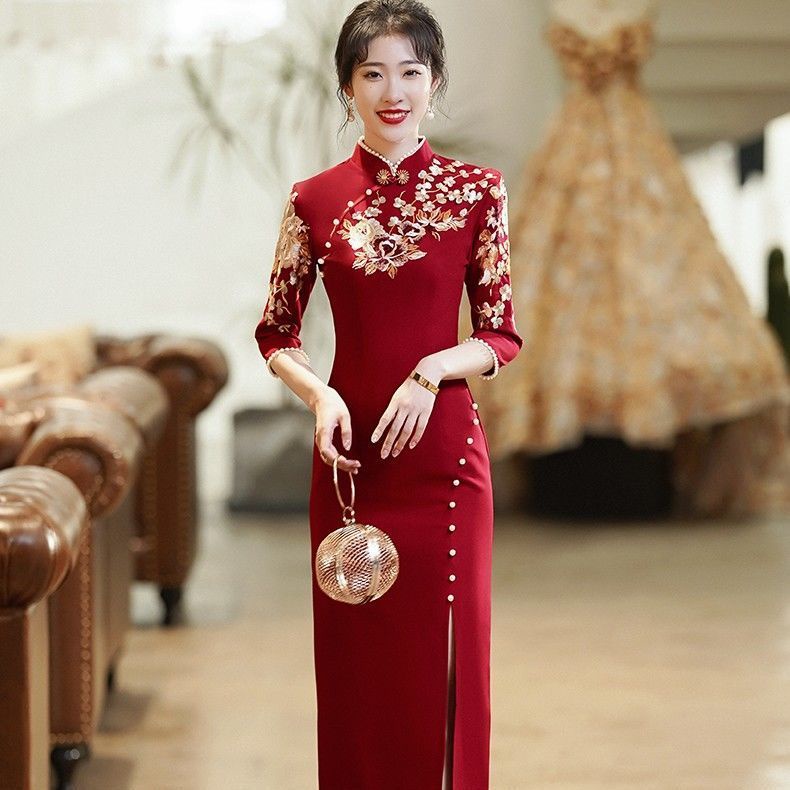 High Quality Noble Chinese Style Red Evening Cheongsam Dress Chic Retro  Split Puff Sleeves Elegant Summer Guest Wedding Dresses