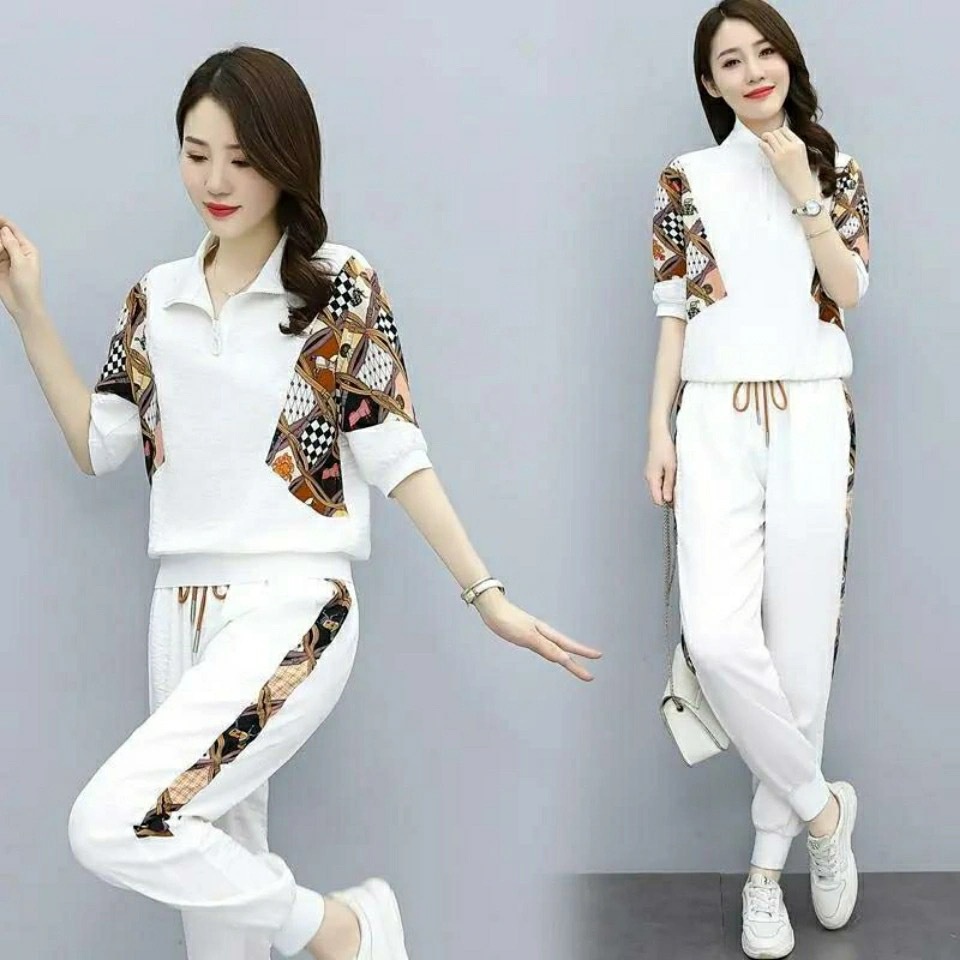 2pcs sports suit sportswear set Summer short sleeve t shirt +long Pants Suit Plus Size Women's Ladies Clothes Loose Korean Style