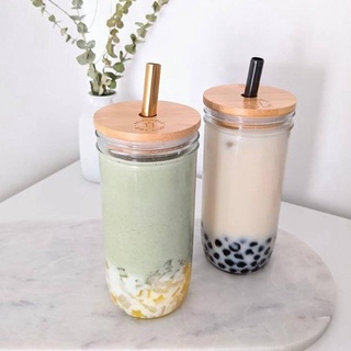 2pcs Set Reusable Boba Cup Bubble Tea Cup 24Oz Leakproof Glass Mason Jars  Drinking Water Bottle with Lid, Silicone Sleeve,Straws