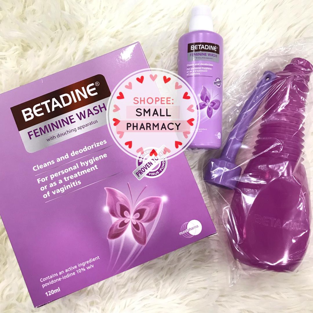 Betadine Feminine Wash with douching apparatus 120ml + Pump Bottle