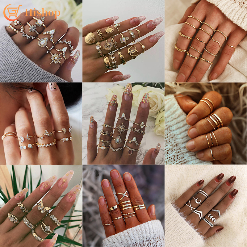 Korean Retro Butterfly Star Moon Rings Fashion Bohemian Gold Ring Set Luxury Jewelry Set Accessories Gift