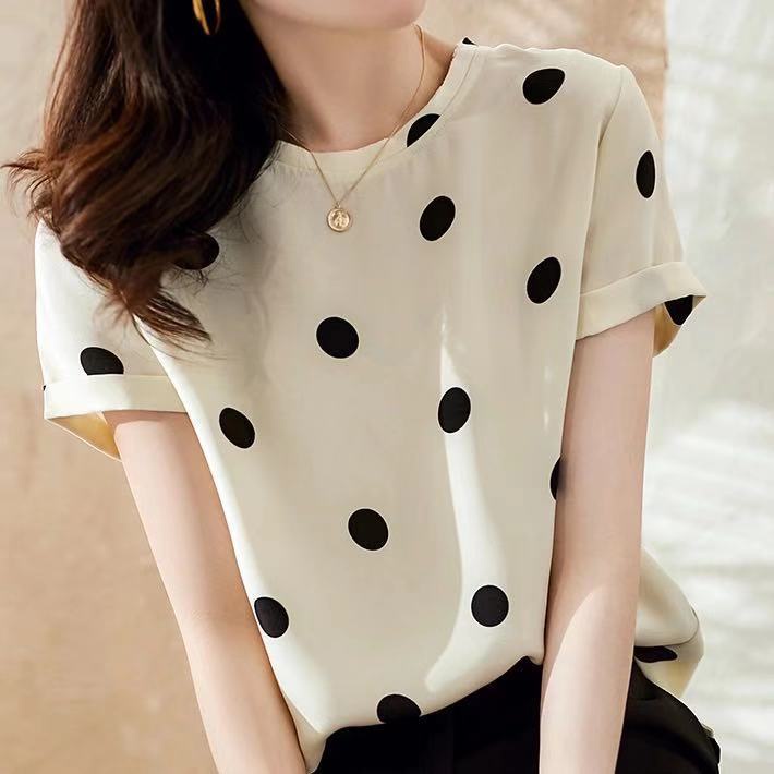 Ice Silk Polka Dot Short-Sleeved t-Shirt Summer Women's Clothing 2021 New Style Trendy Korean Style Small Shirt Loose Cover Belly Slimmer Look Top