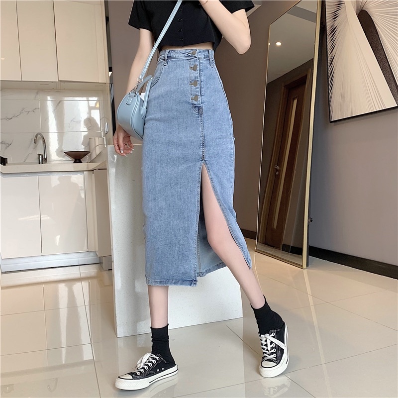 Korean denim skirt outfit best sale