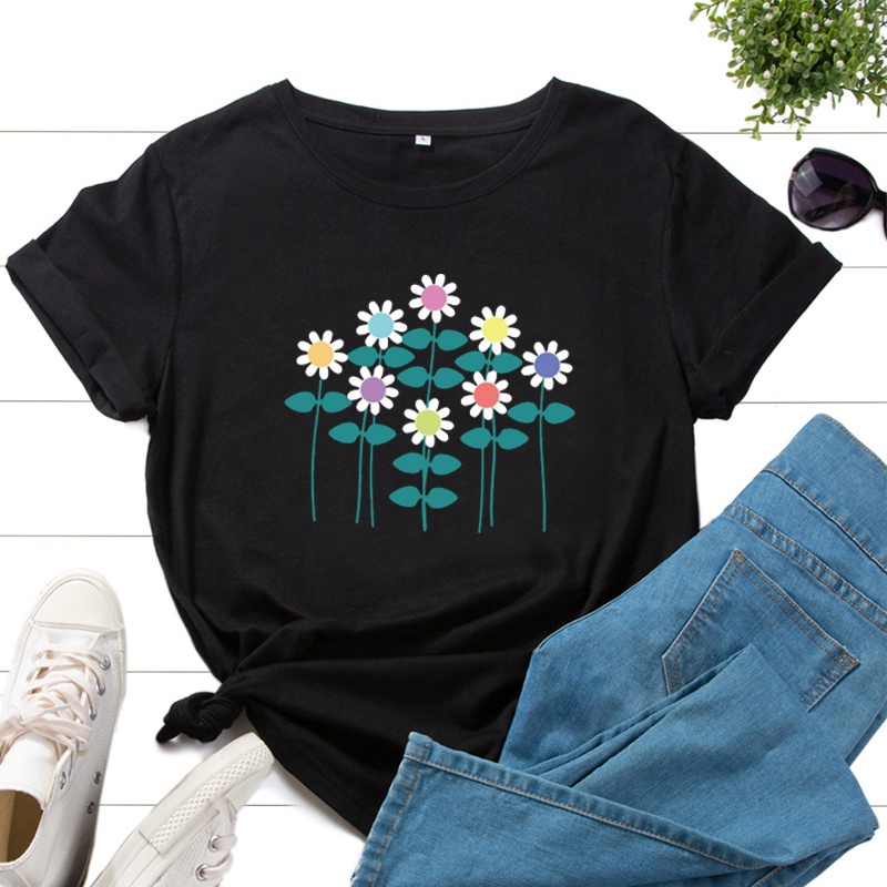 Creative Flower Art Graphic Tee Women Clothing Cotton Short Sleeve T-shirt Summer Fashion O-neck T Shirt Female Tops