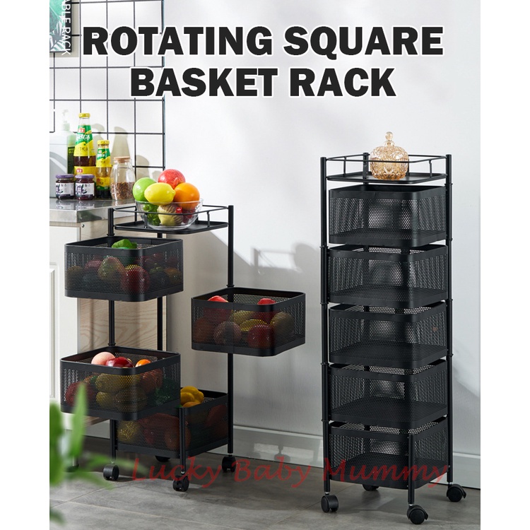 Square Kitchen Rotating Storage Box Basket Trolley Rack Vegetable Floor ...