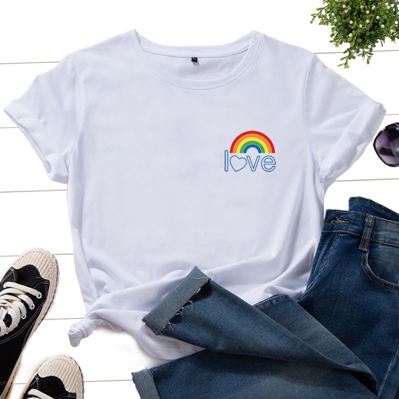 Fashion Women Short Sleeve Clothing Cute Rainbow Love Pocket Print T Shirt Hipster Street O-neck Short Sleeve Tee
