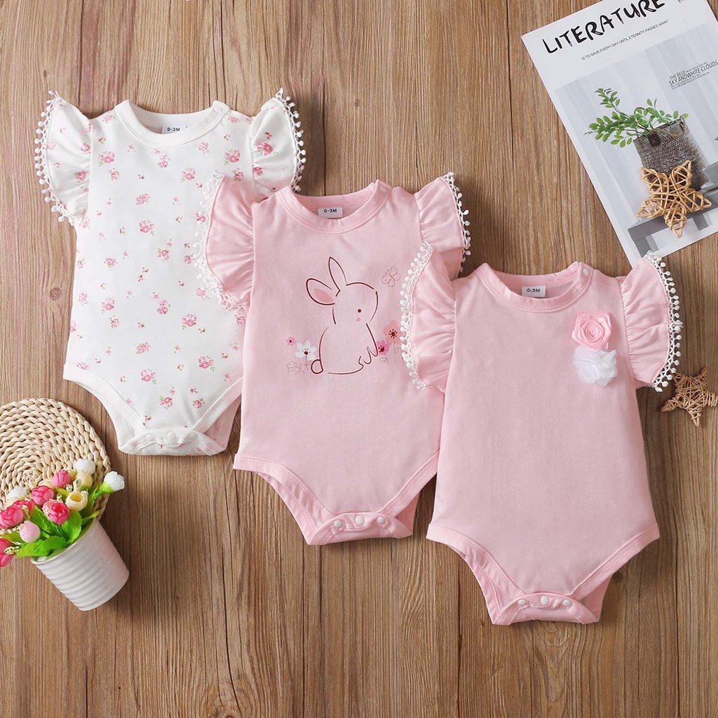 Little Kooma Baby Girl Bodysuit 3pc Set Flare Sleeve Flower Bunny ...