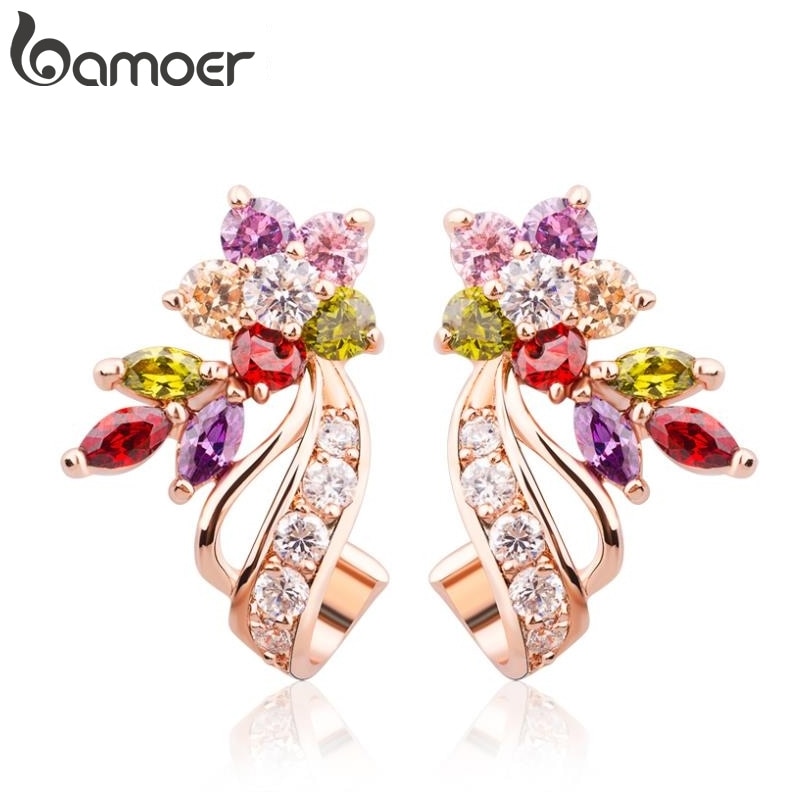 Bamoer Gold Color Flower Oversized Big Stud Earrings with Multicolor AAA  Zircon Stone Birthday Gift Jewelry JIE019