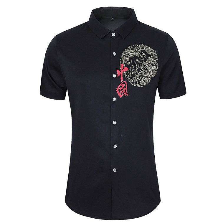 Men s Shirts Chinese Dragon Print Short Sleeve Blouse Male Slim