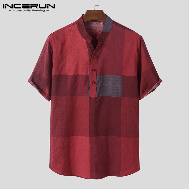 Incerun Mens Vintage Style Cotton Checkered Short Sleeve Loose Shirts