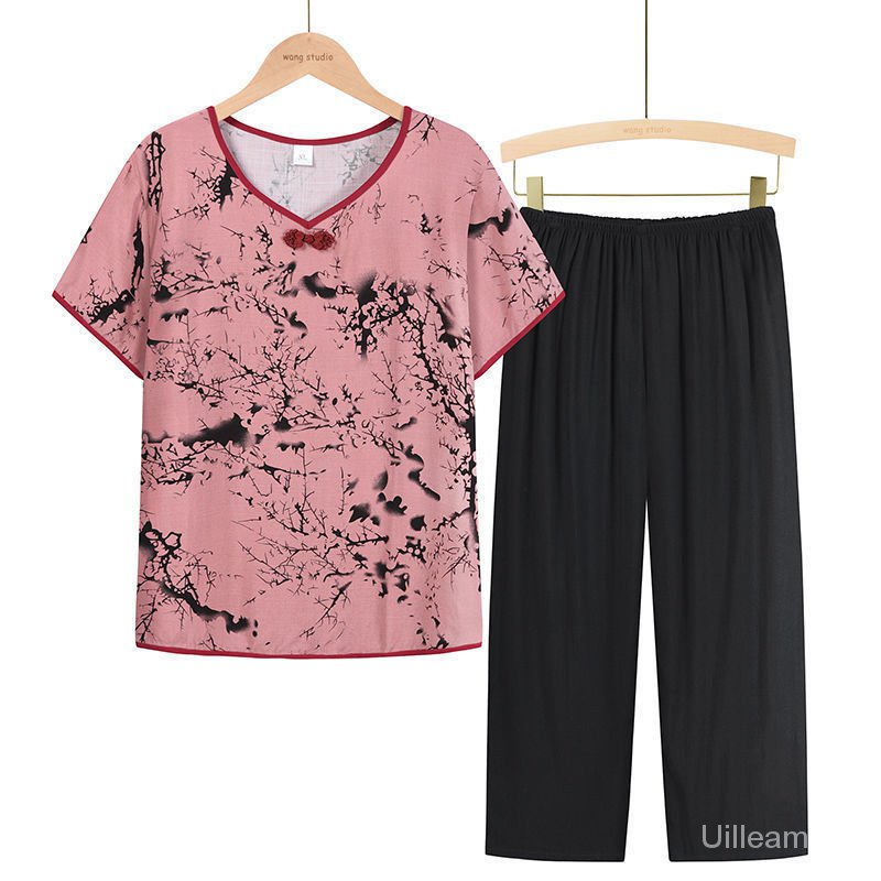 Middle-Aged and Elderly Women's Clothing Summer Loose Short Sleeves Mom and Grandma Thin Casual Suit Clothes Pants Pajamas Two-Piece Suit