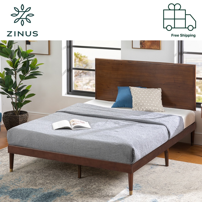 Zinus Bed Frame Single Size Mid-Century Wooden Platform | Shopee Singapore