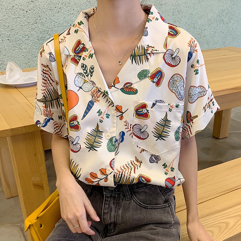2023 Shirt Flower Women'S Design Hong Kong Style Loose Temperament Short Sleeve Spring Blouses For Women 2023 Mushroom Cottagecore Clothing Button Up