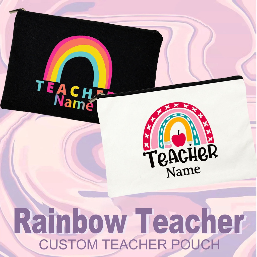 Hot Rainbow Teacher Add Name Custom Canvas Pouch Personalise Organizer ...