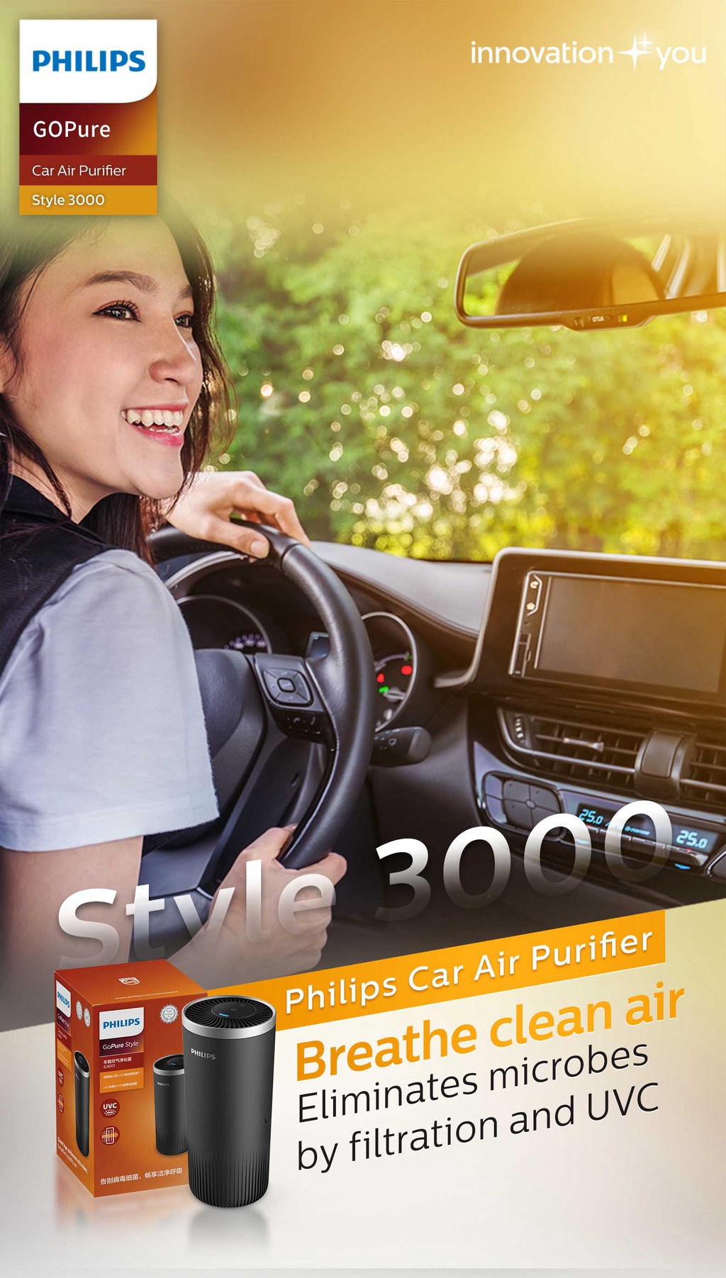 Philips Car Air Sanitizer GoPure Style GP S3000 | with UVC Filtration ...