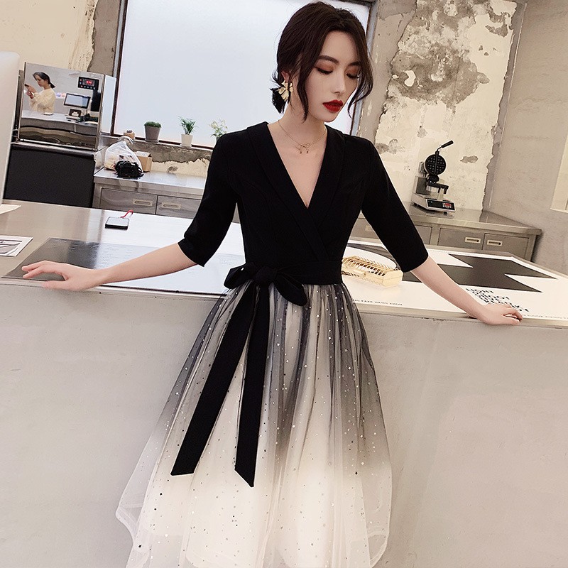 Half Sleeve Women Black Gradient Dress Cocktail Princess Dress Singing Performance Evening Gown Birthday Party Midi Dress Graduation Ceremony Christmas Party Evening Dress Piano Performance Midi Dress...