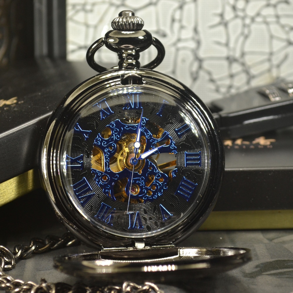 TIEDAN Blue Steampunk Skeleton Mechanical Pocket Watch Men Antique