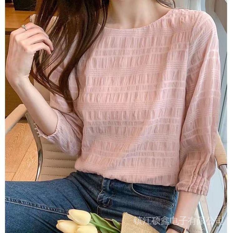 Short-Sleeved Top Women's Clothing 2022 Loose All-Match Trendy Solid Color Classy Round Neck Chiffon Shirt Three-Quarter Sleeve Fash