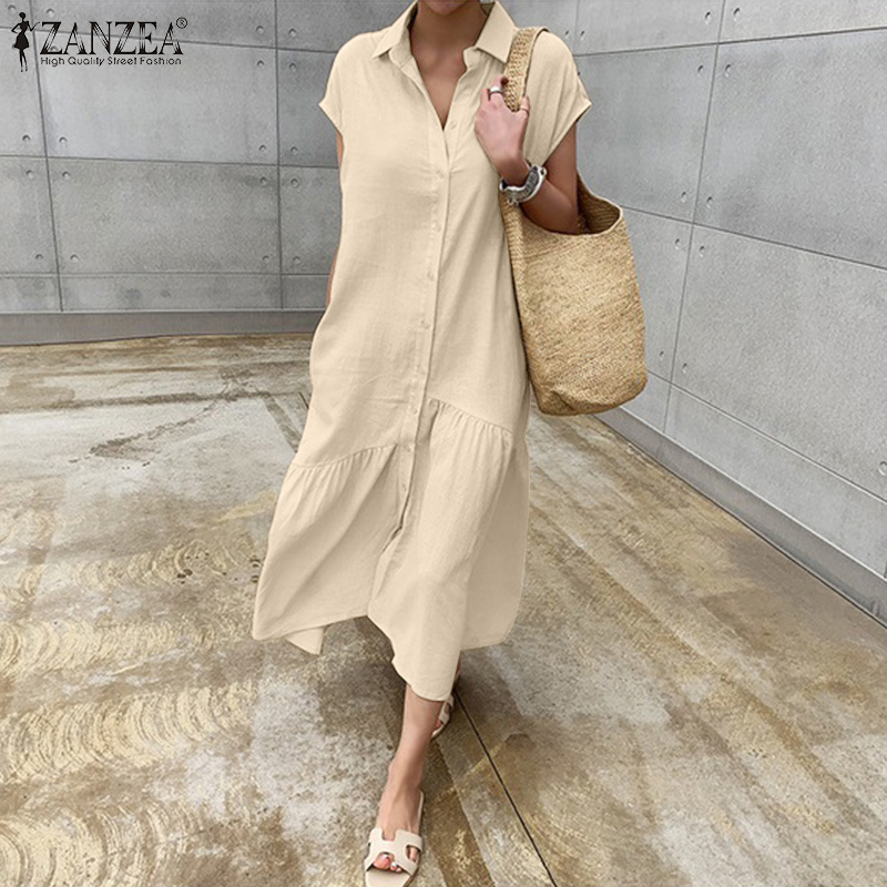 ZANZEA Korean Style Women Flare Short Sleeve Ruffles Shirt Plain