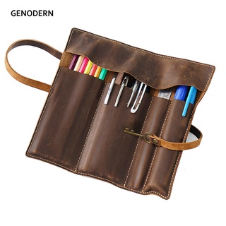 Handmade Genuine Leather Pen Pouch Vintage Roll-up Pencil Case Bag Pen  Curtain