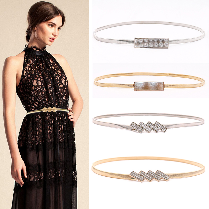 New Silver Gold Metal Belt Double Ring Imitate Rhinestone Lady Waist Belt  Dress Suits Elastic Thin Slim Women Belts Waistband