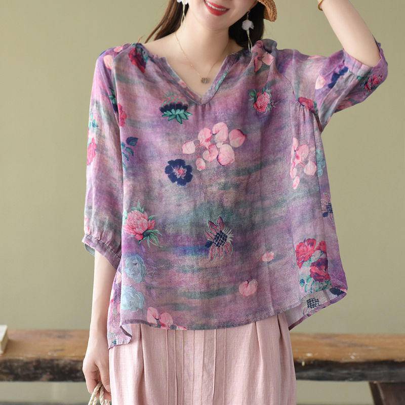 【Joy Joy Clothing】 C.XBS5.Vintage Cotton Linen Blouse Women's Summer New Style Digital Print Large Size Literary Loose V-Neck Shirt