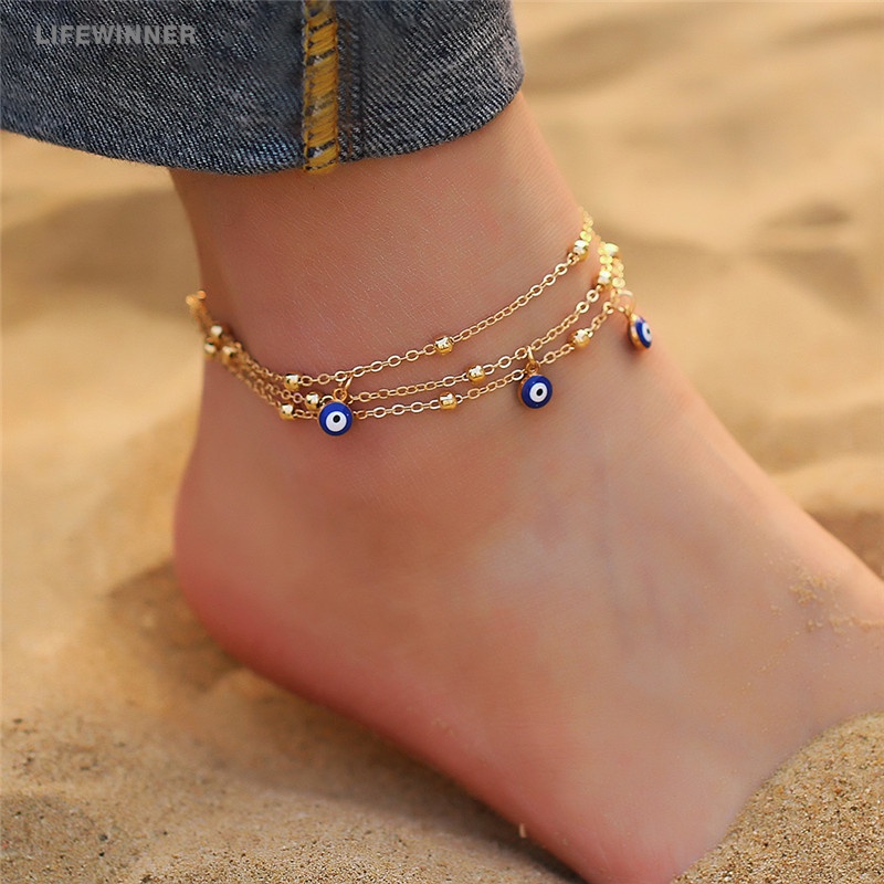 Women Three Layers Eyes Beads Ankle Bracelets / Girls Boho Charm Blue Evil  Eye Pendant Chain Anklet / Summer Beach Sandals Barefoot Foot Jewelry