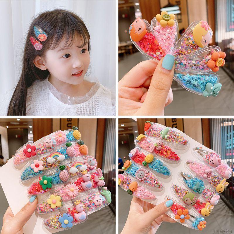 10pcs/set Cute Baby Girls Cartoon Design Sequin Quicksand Fruit Hairpin Hair Clip BB Clip