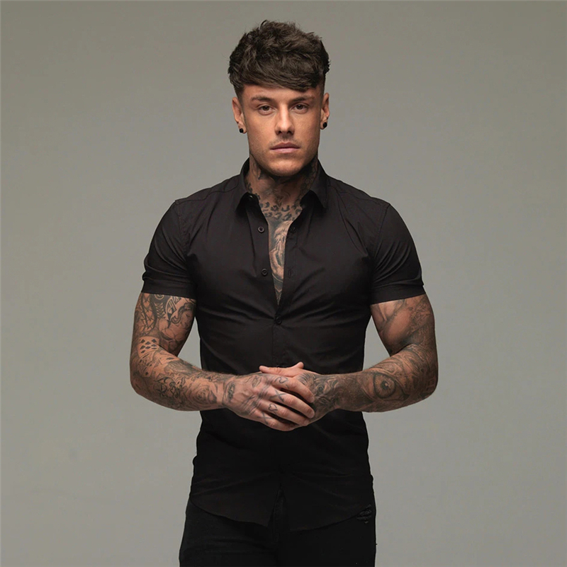 Summer Fashion Short Sleeve Shirt Men Solid Super Slim Fit Male Social Business Dress Shirt Brand Men Gym Fitness Sport Clothing