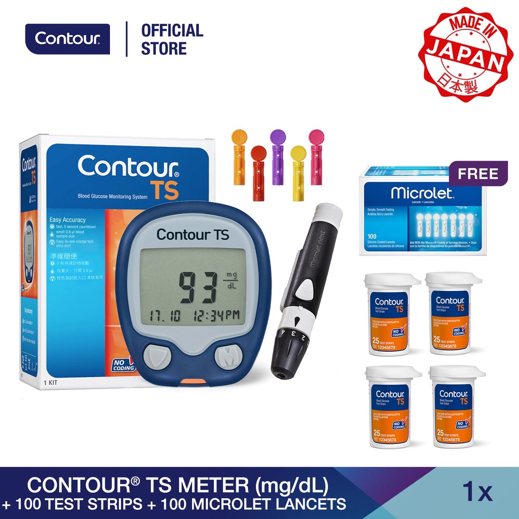 Contour TS Blood Glucose Meter (mg/dL) + 100 Test Strips + 100 Microlet Lancets Shopee Singapore
