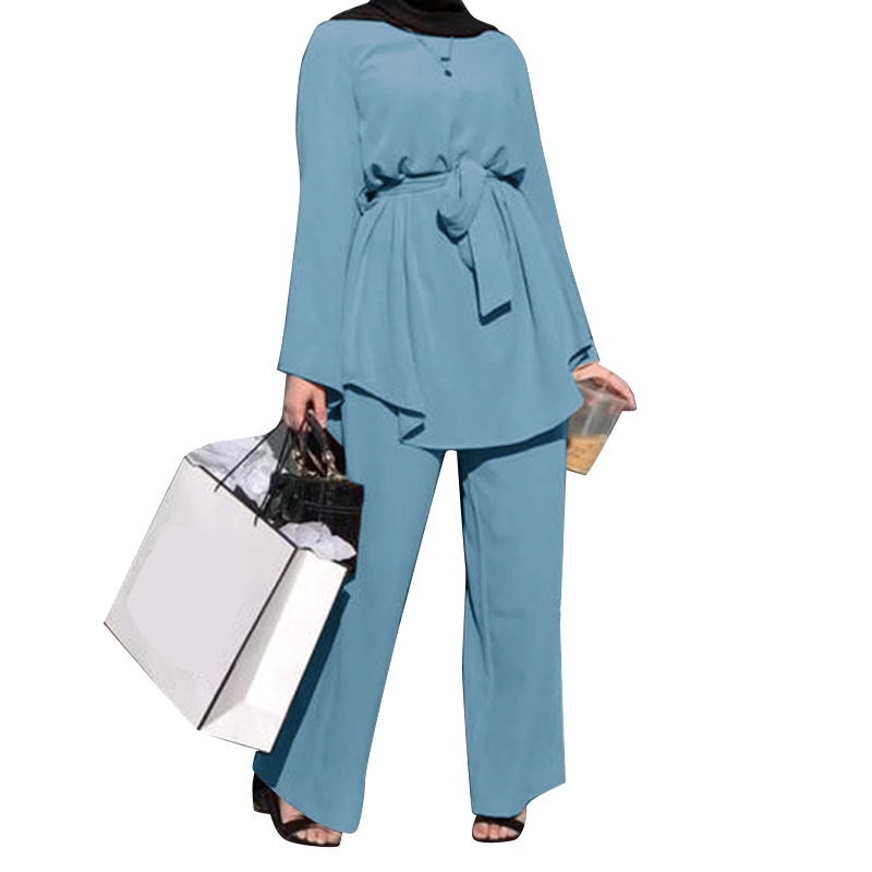 ZANZEA Two Piece Sets Tops and Pants Women Muslim Abaya Lace-up Kaftan Islam Islamic Clothing Suits