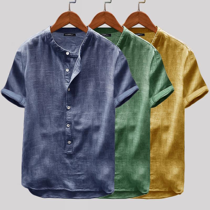 Mens Short Sleeve Linen Casual Breathable Soft V-Neck Shirt