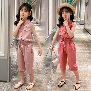 3 14Y Girls Clothing Set 2pcs Set Girls Summer Korean Sleeveless Tops Pants Kids Clothes