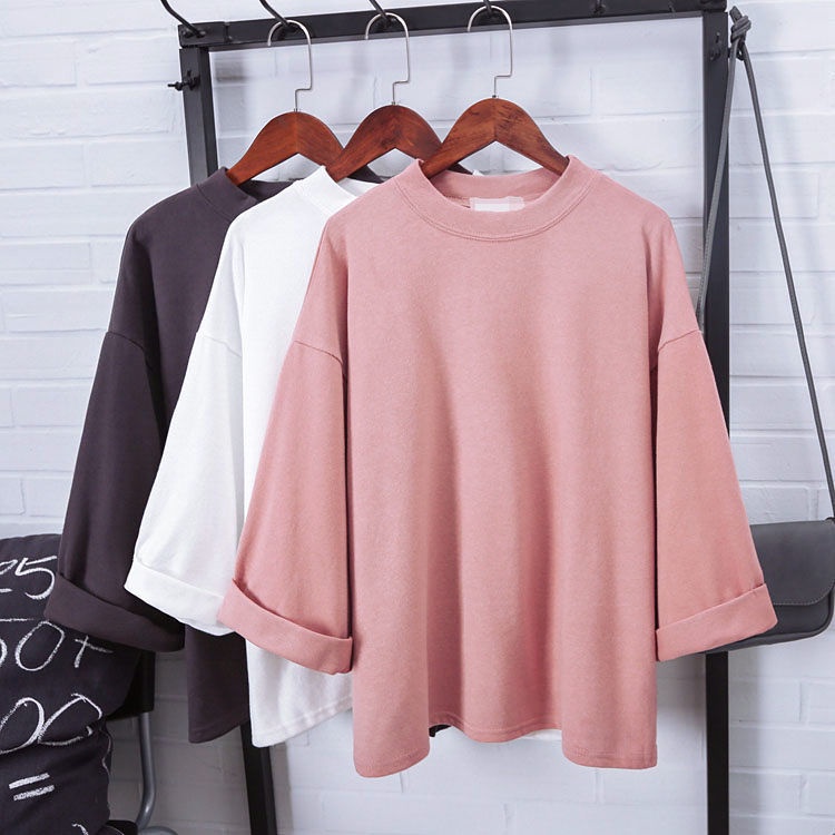katefas  Women Clothing  korean Loose  Plain 3/4 Sleeve daily T-shirt ready stock