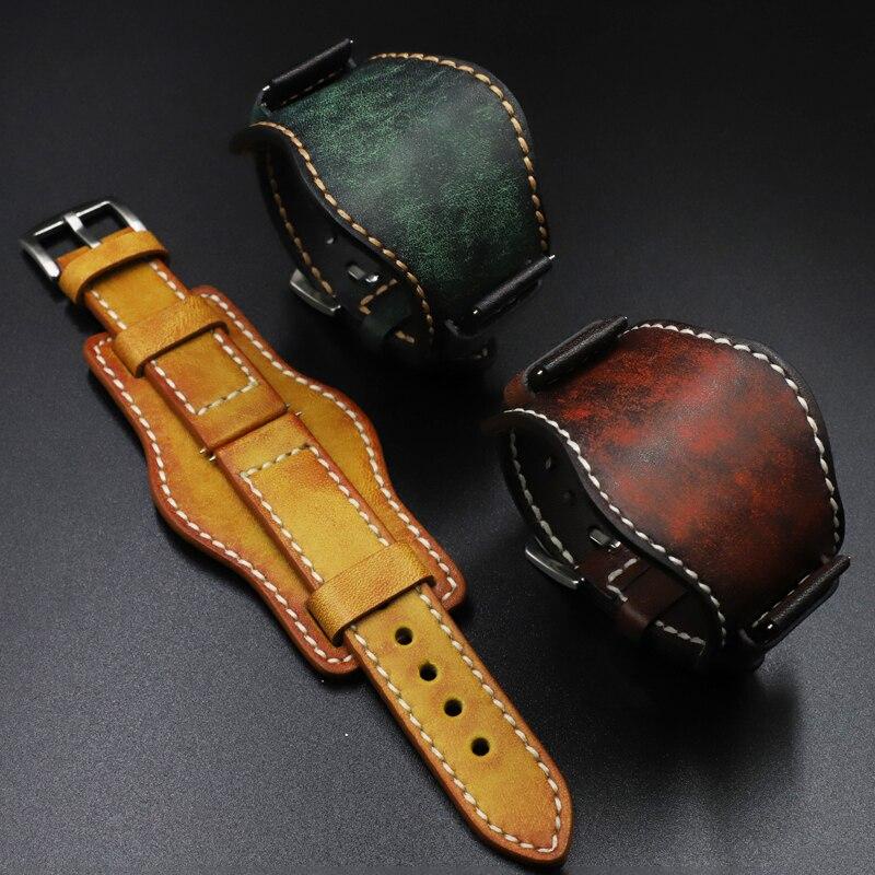 Leather Cuff Watch Band 20mm 22mm 24mm Watch Strap With Mat Wrist