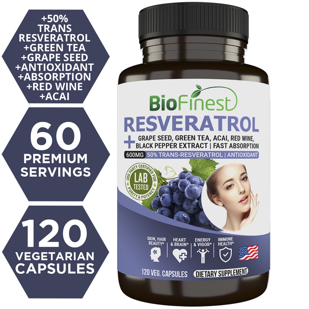 Biofinest Resveratrol 1200mg Supplement - Antioxidant Acai Grape Seed Green Tea - Anti Aging Skin Beauty Glow (120 caps)