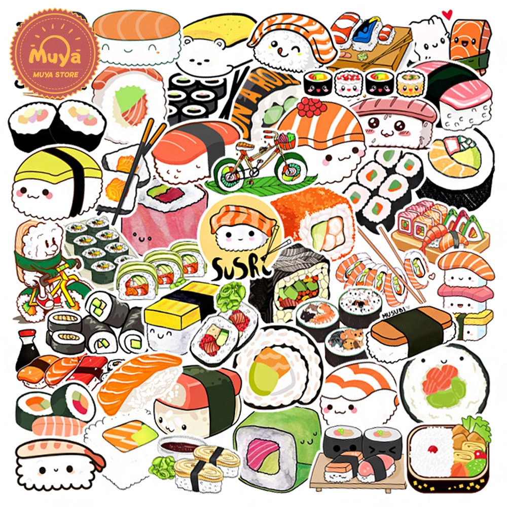 MUYA 50pcs Sushi Stickers Cute Japanese Food Stickers Waterproof ...