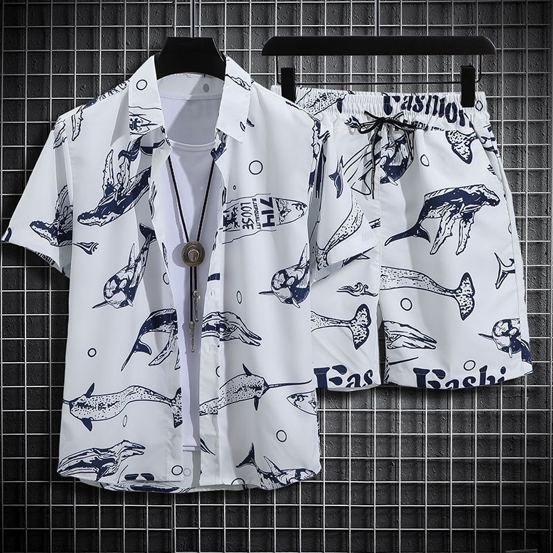 Men's Short Sleeve Shirt Summer Hong Kong Style Five Sleeve Top Suit Loose Ins Beach Casual Men's Clothing