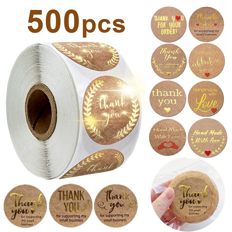 100-500pcs Thank You Stickers 3cm Gold Foil Handmade with Love