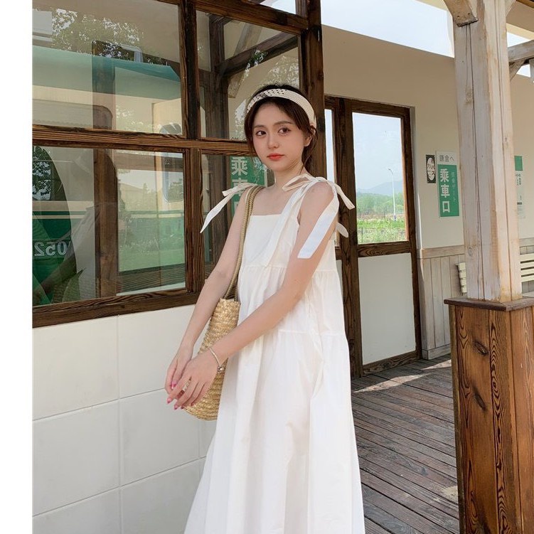 Women's 2-Strap Dress with 3-Layer Bow Tie Long Plain Babydoll Women's Dress  2 Colors white and blue Korean ulzzang style | Shopee Singapore