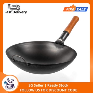 21st & Main Wok, Stir Fry Pan, Wooden Handle, 11 inch, Lightweight Cast Iron, Chef’s Pan, Pre-Seasoned Nonstick, for Chinese Japanese and Other