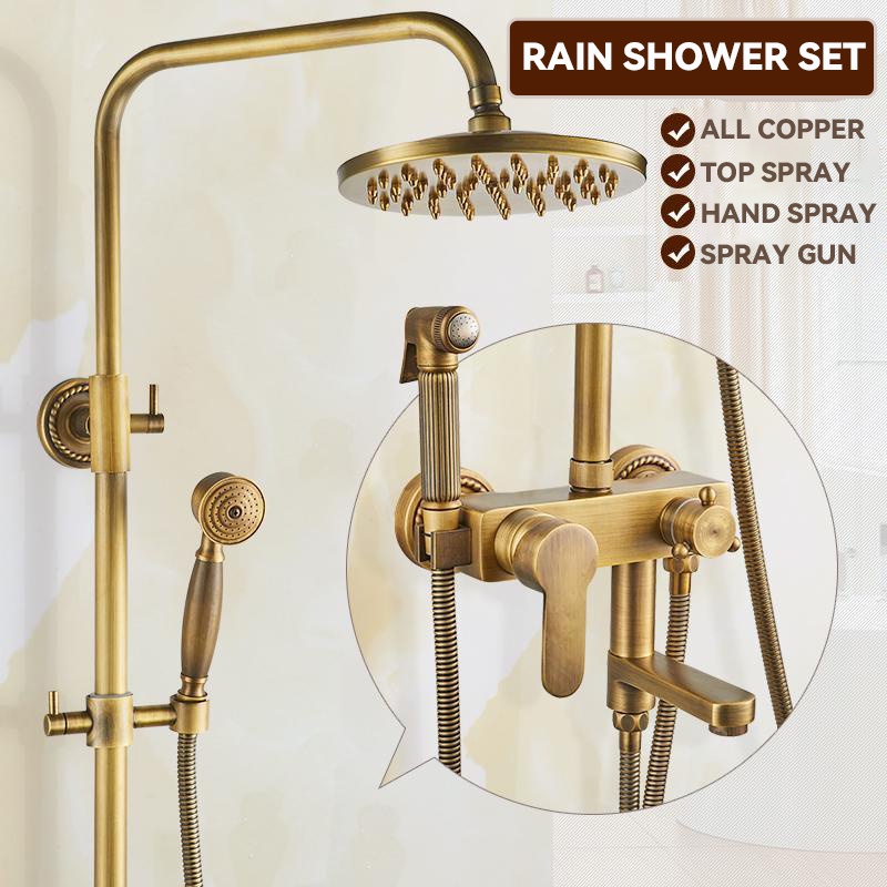 RUNZE All Copper Rain Shower Set European Retro Bathroom Shower Full ...