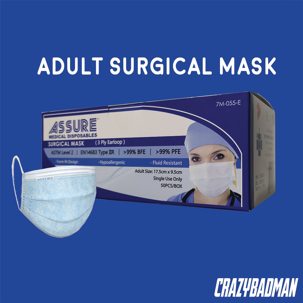 Assure Surgical Face Mask 3-ply With Earloop Disposable 99% BFE 50 Pcs ...