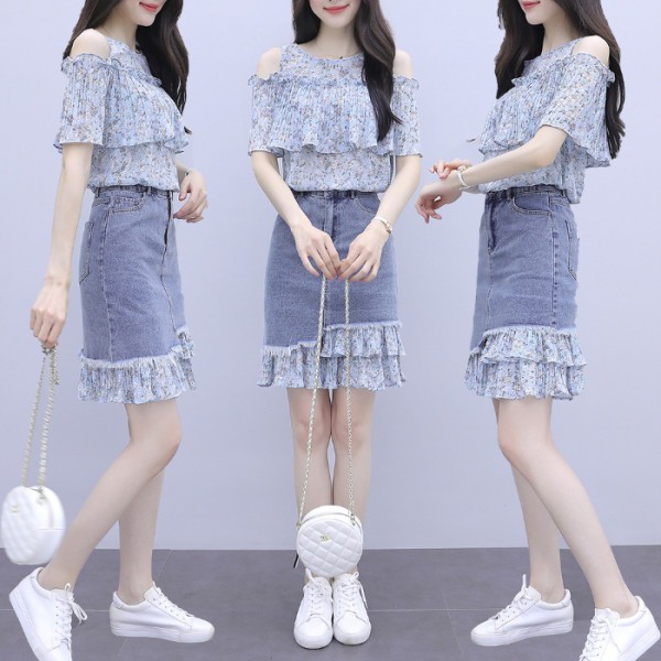 Simple Women Summer Fashion Floral Chiffon Blouse Short Jeans Skirt 2pcs Clothing Set