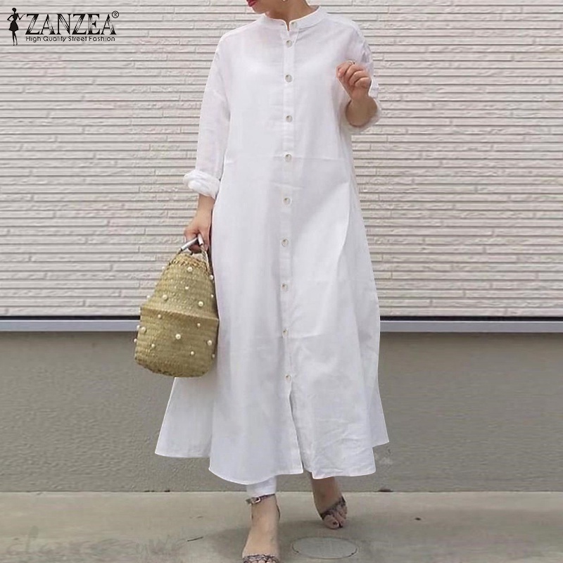 ZANZEA Women Retro O-neck Long Sleeve Casual Loose Buttons Elegant Maxi ...