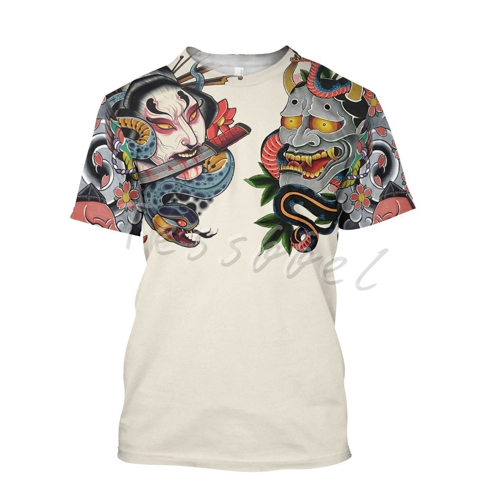 Tessffel Japan Mask 3D Print Fashion Tattoo Man's T-Shirts Summer Short-Sleeve Tops Streetwear Harajuku Casual Clothing Style-4