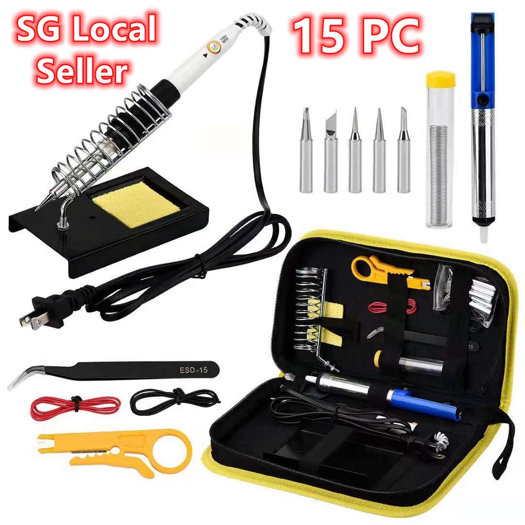 【SG Local seller】15pcs Portable 60W 220V Soldering Iron Set Electronic Iron Kit 200-450°C Adjustable Temperature