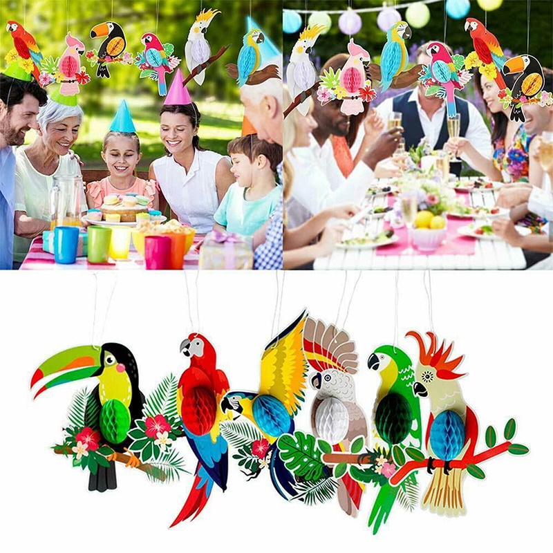 【Ready Stock】6PCS Tropical Birds Hanging Parrot Paper Honeycomb Hawaiian Party Decoration Colorful Rainforest Birds Home DIY Decor High Quality