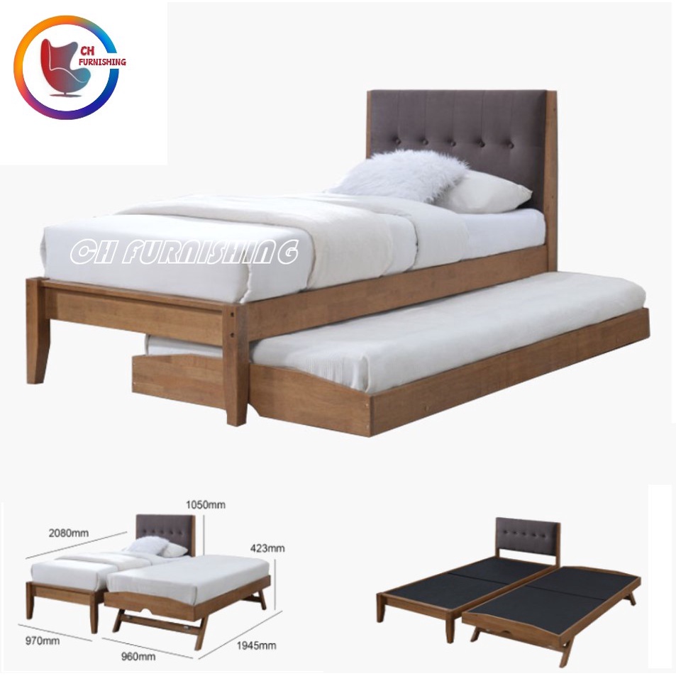 NEW ARRIVAL Single + Single Folding wooden bed with Trundle | Shopee ...